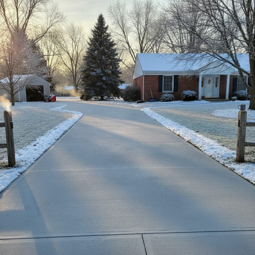 Snowy winter Ohio driveway scene showing a clean concrete surface handling freeze-thaw conditions