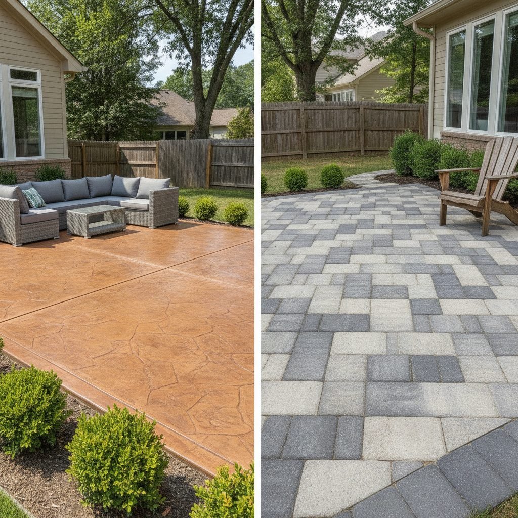 Split comparison: one half a smooth stamped concrete patio