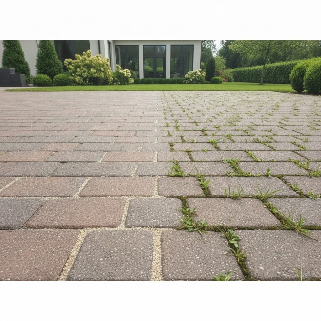 Paver patio with visible joints and some weeds growing between stones