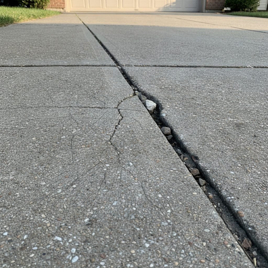Close-up of various concrete driveway cracks: hairline