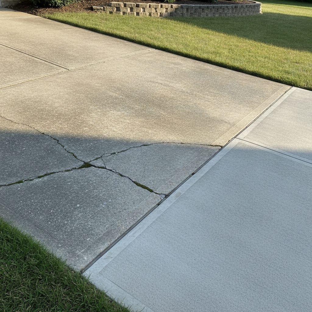 Sunken cracked concrete driveway slab next to a freshly leveled repaired section