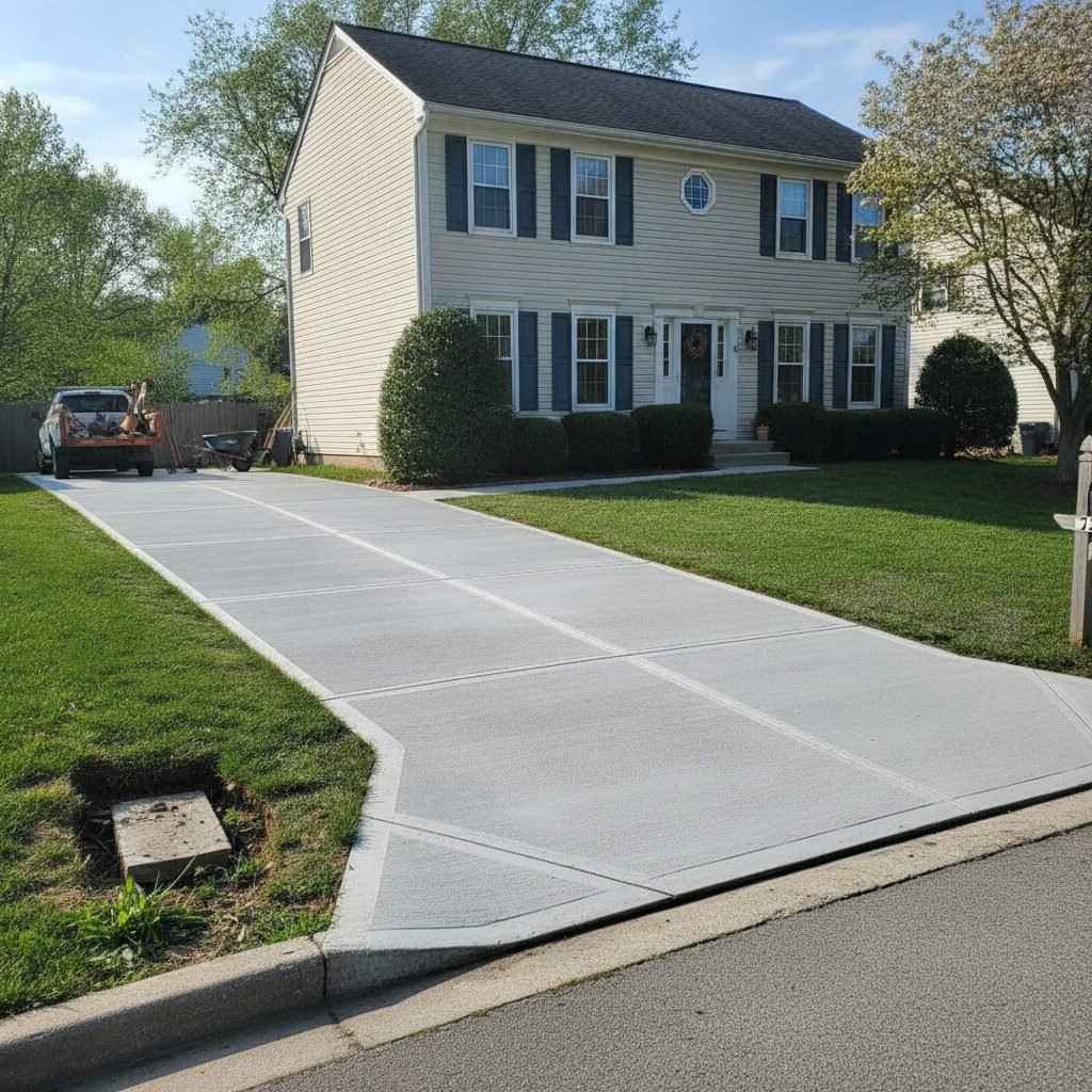 Completely replaced smooth new concrete driveway where a crumbling old one used to be