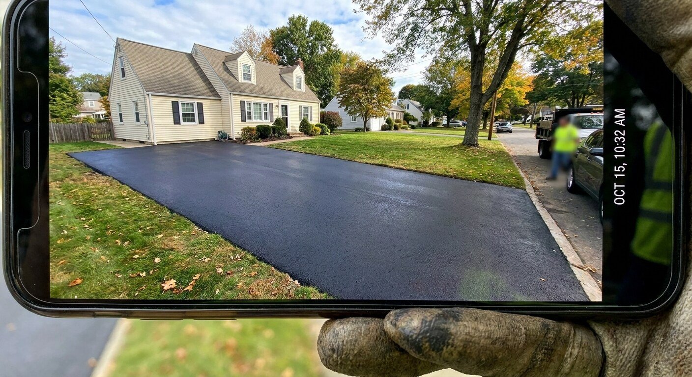 Freshly sealcoated residential asphalt driveway with a deep black finish in Dublin