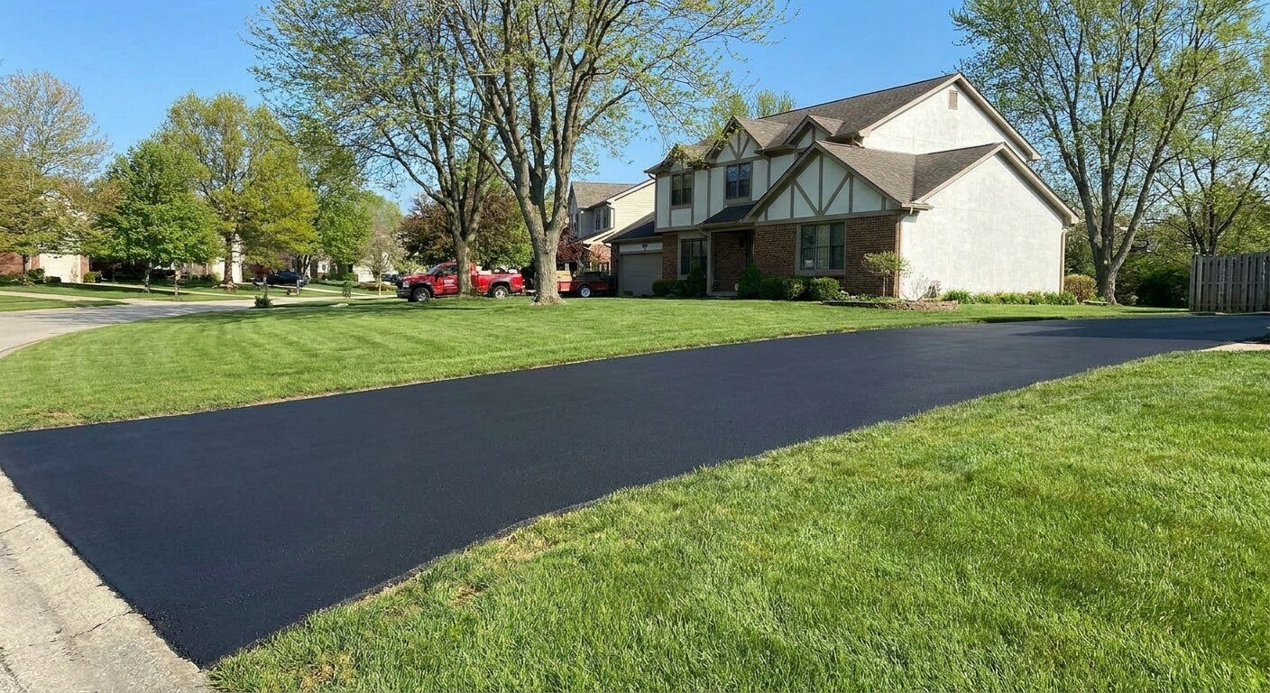 Freshly sealcoated residential asphalt driveway with a deep black finish in Plain City