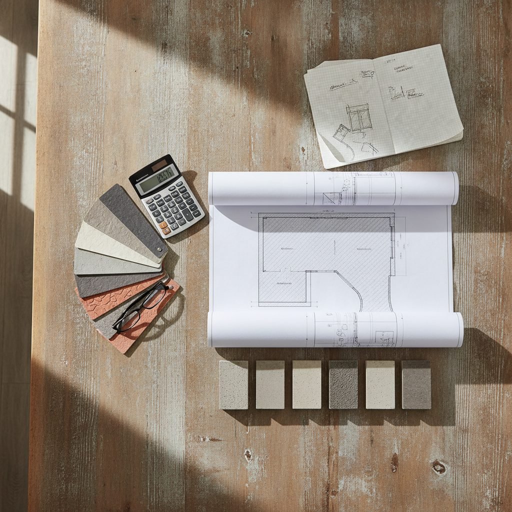Flat-lay of concrete driveway planning materials: blueprints