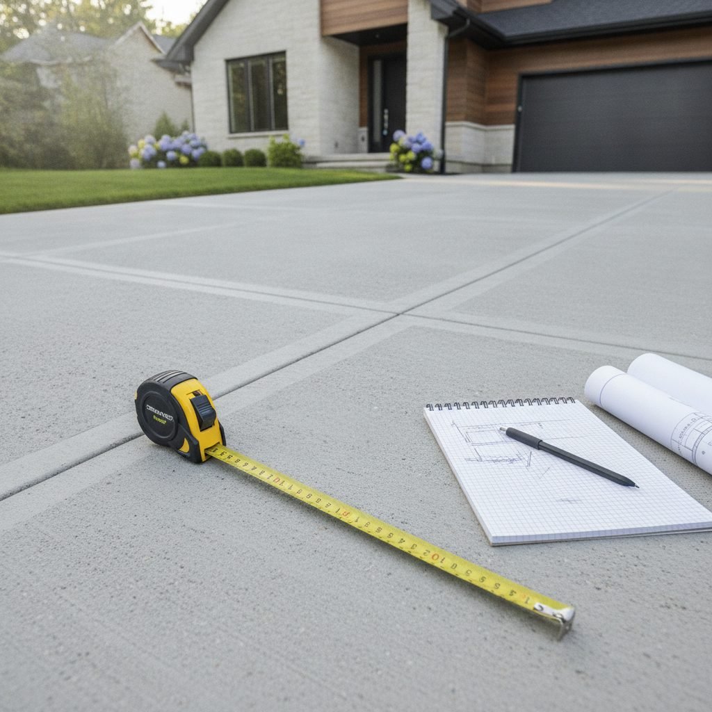 Attractive finished concrete driveway with a tape measure and notepad