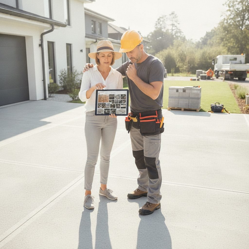 Homeowner and contractor looking at a tablet comparing driveway options in a driveway