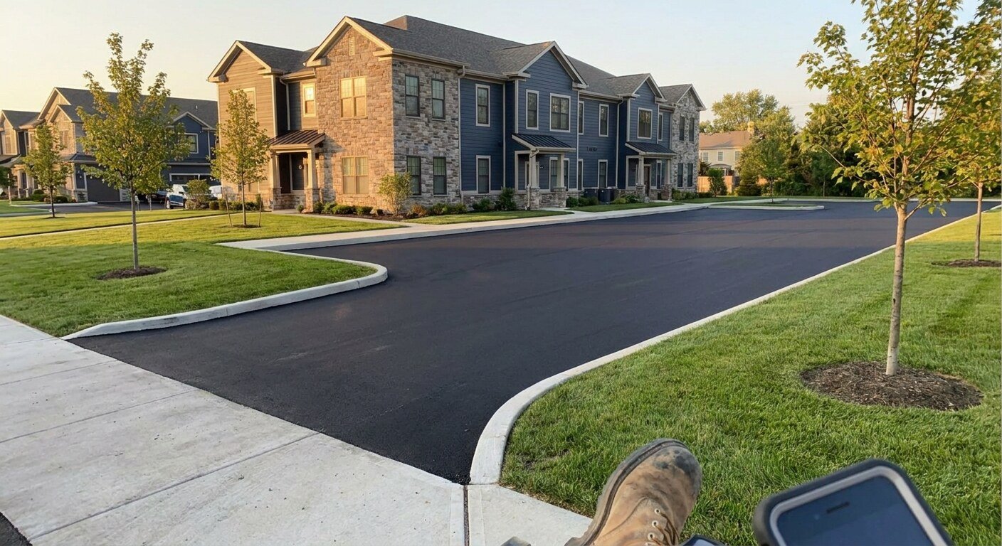 Freshly paved commercial asphalt parking lot in Bexley, Ohio.