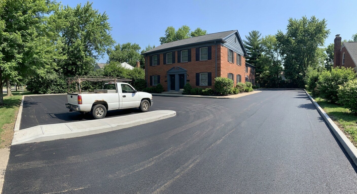 Freshly paved commercial asphalt parking lot in Clintonville, Ohio.
