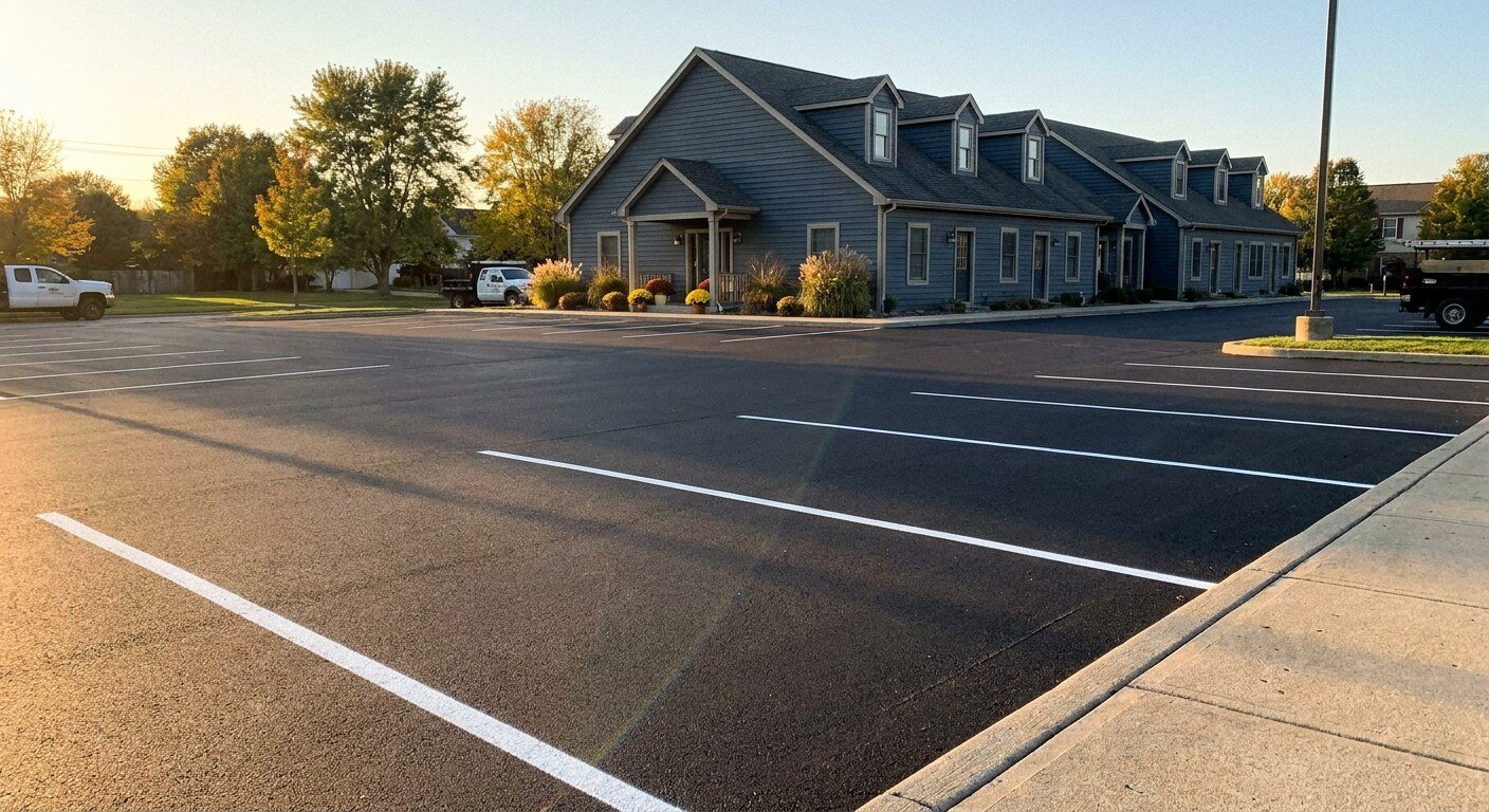 Freshly paved commercial asphalt parking lot in Lewis Center, Ohio.