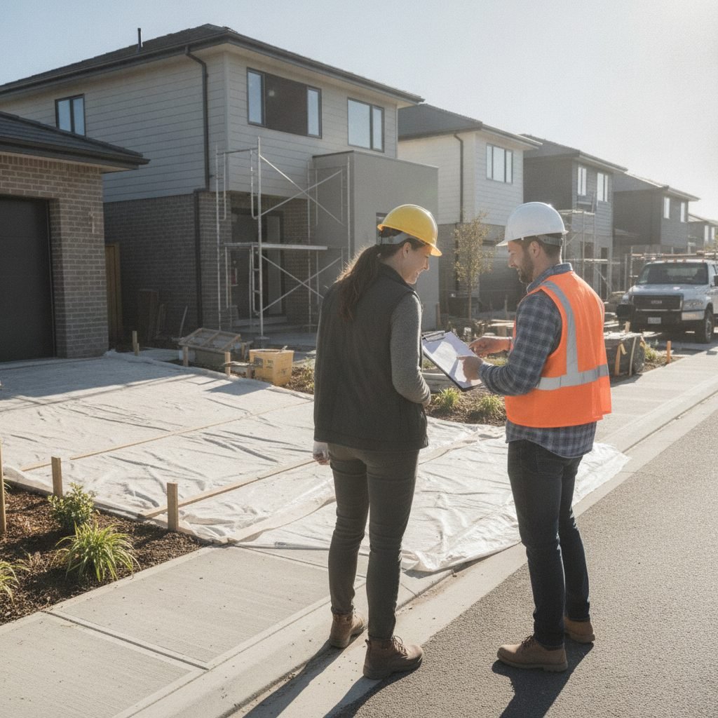 Friendly concrete contractor reviewing a project estimate on a clipboard with a homeowner in a driveway