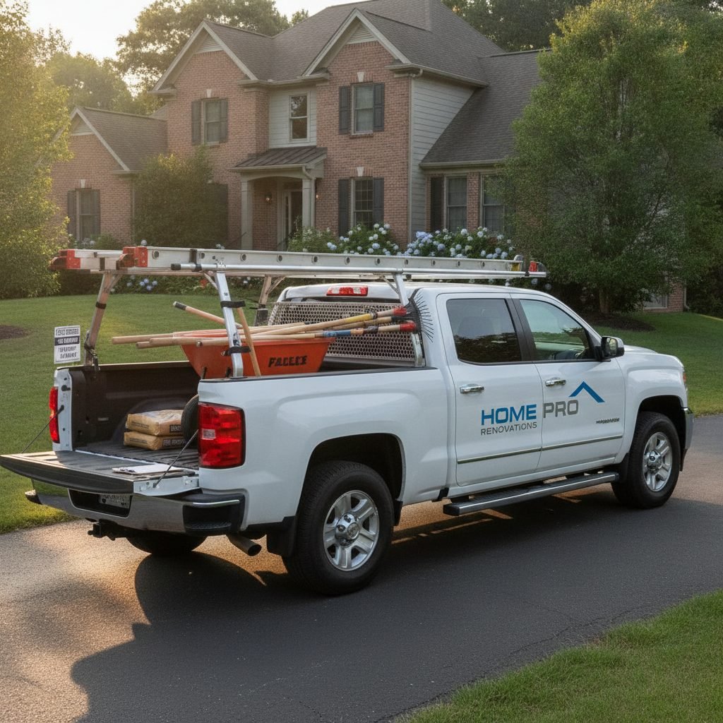 Clean white pickup truck with ladders and concrete tools parked in front of a Columbus Ohio home ready for a free estima