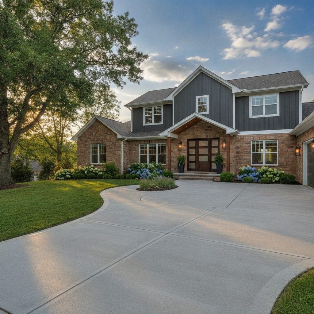 Attractive finished concrete driveway and walkway with a welcoming home entrance