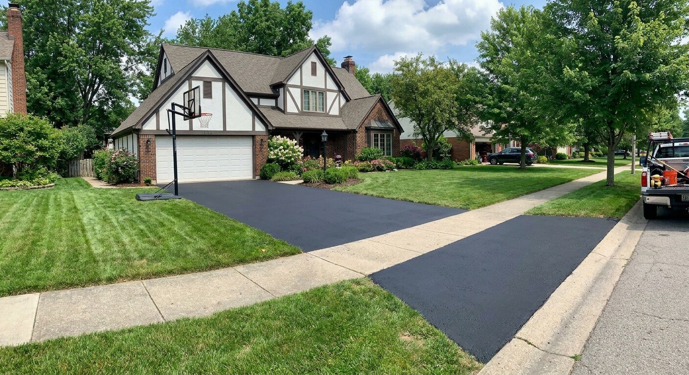 Freshly sealcoated residential asphalt driveway with a deep black glossy finish in Grandview Heights, Columbus, Ohio.