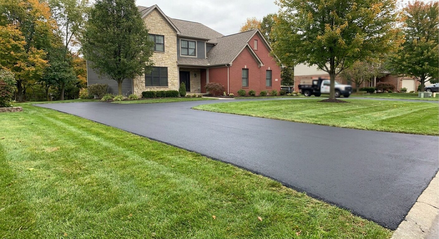 Freshly sealcoated residential asphalt driveway with a deep black finish in Lewis Center, Ohio.