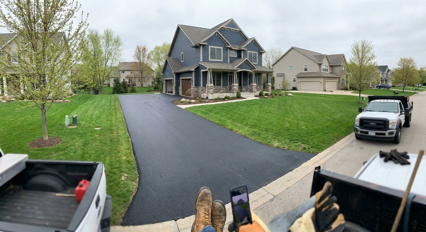 Long estate asphalt driveway leading to a large home in New Albany, Ohio.