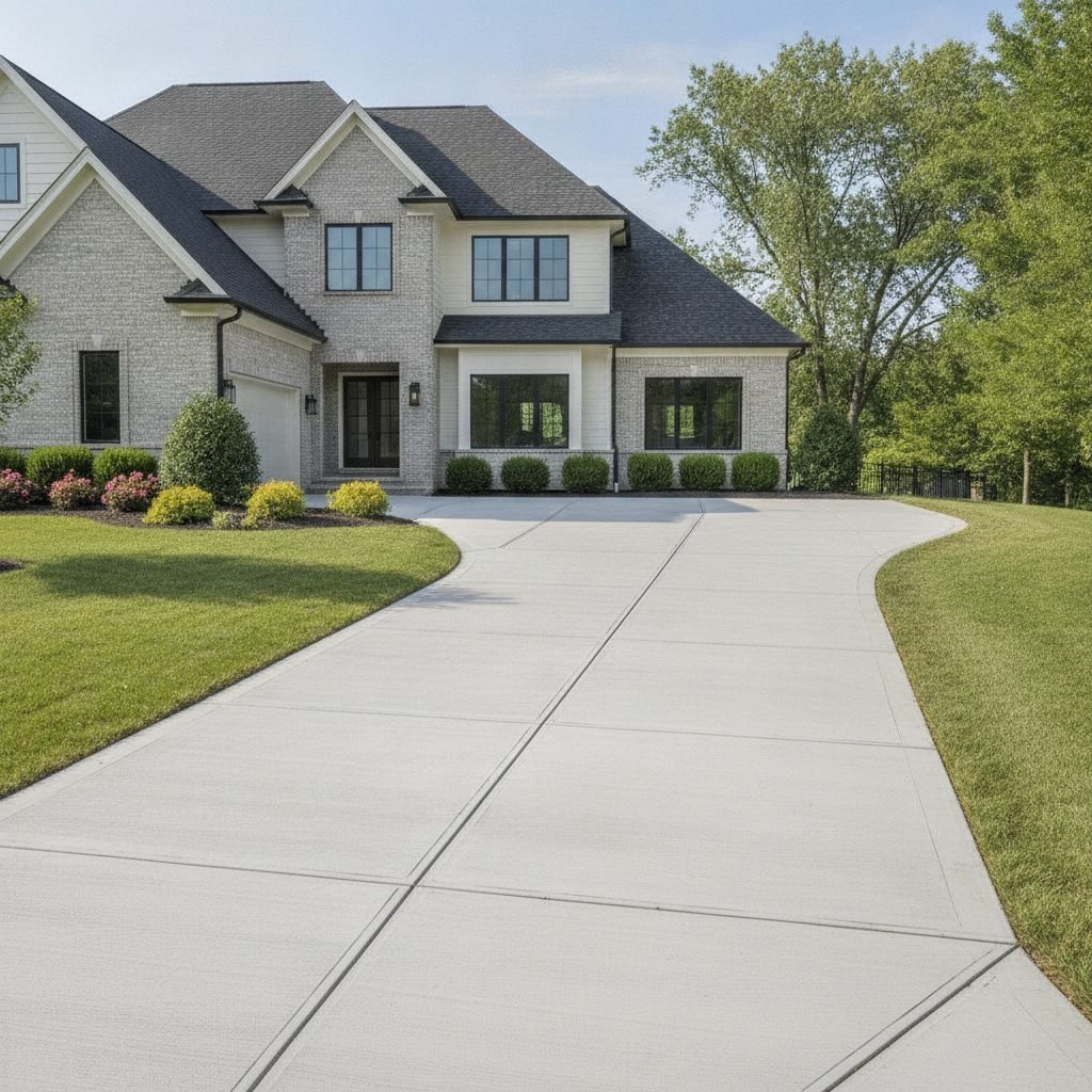 Beautiful newly installed gray concrete driveway with a clean broom finish leading to an attractive two-story suburban h