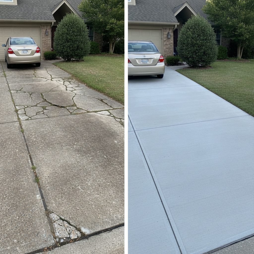 Side-by-side before and after of a residential driveway: left half cracked broken old concrete