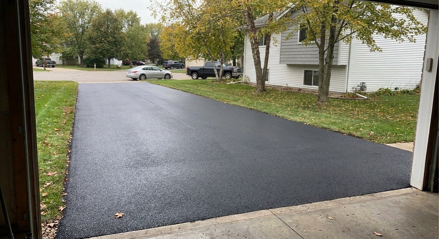 Freshly sealcoated residential asphalt driveway with a deep black finish in Delaware