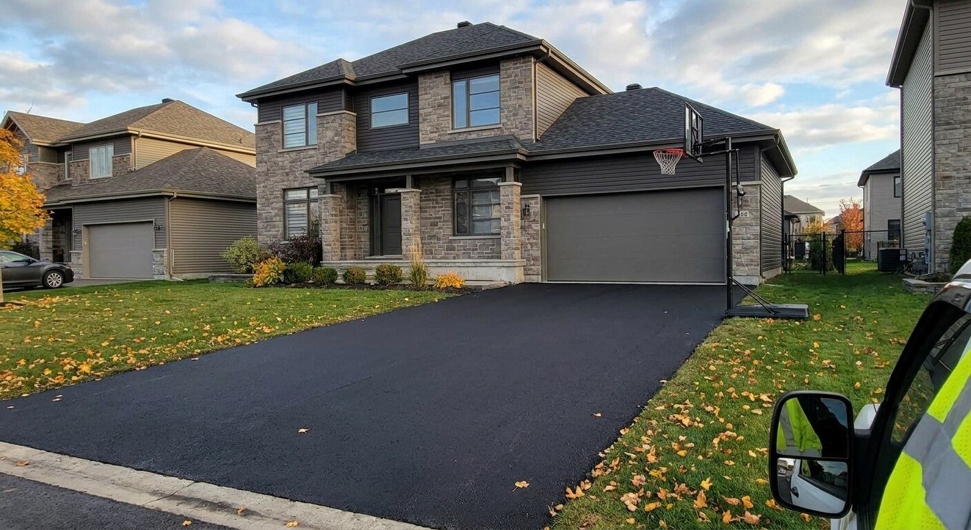 Long curving asphalt driveway through a wooded lot in Powell, Ohio.