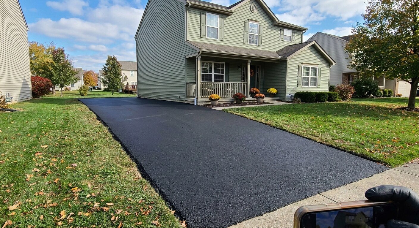 Smooth new asphalt driveway at a residential property in Galloway, Ohio.