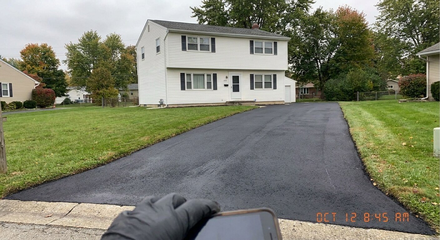 Residential asphalt driveway installation at a single-family home in Whitehall, Columbus, Ohio.
