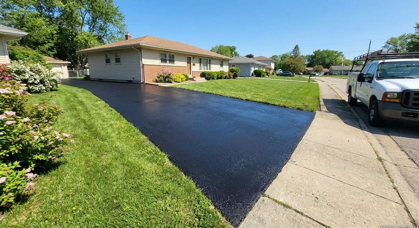 New residential asphalt driveway at a home in Pataskala, Ohio.