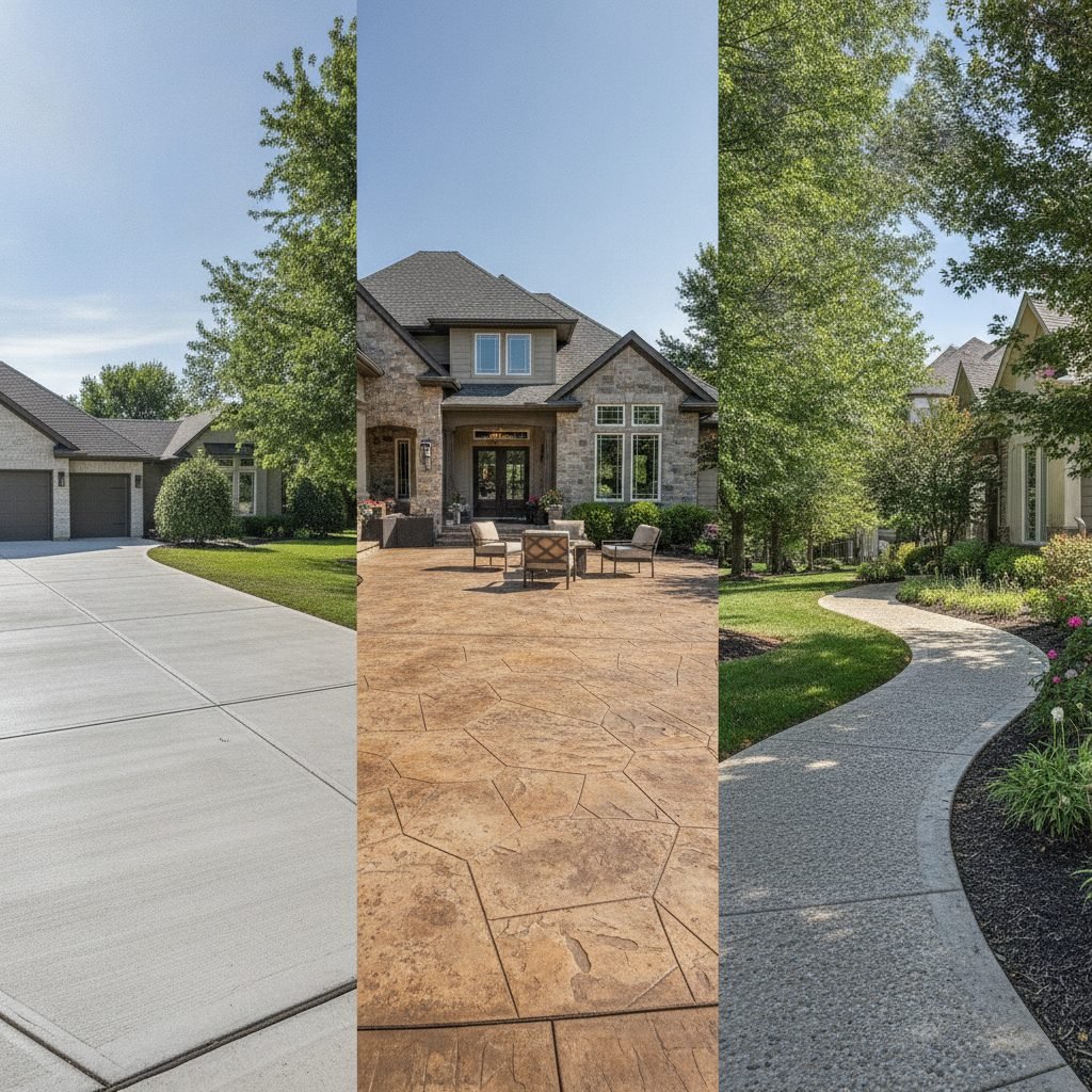 Montage-style wide photo of various concrete work: driveway