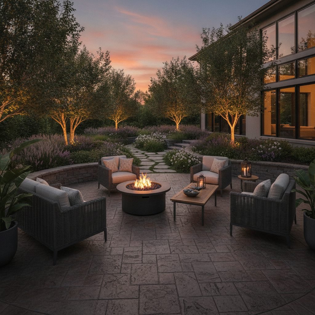 Decorative stamped concrete patio with outdoor furniture and a fire pit in a landscaped backyard