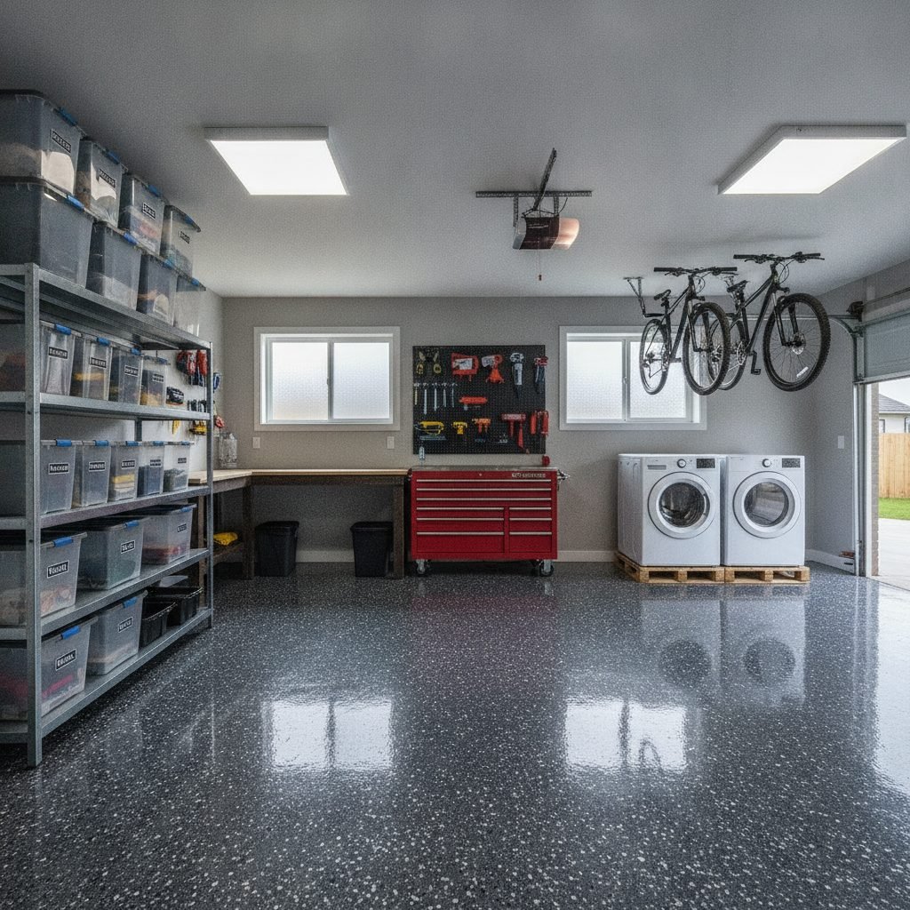 Polished epoxy-coated garage floor with a glossy speckled gray finish