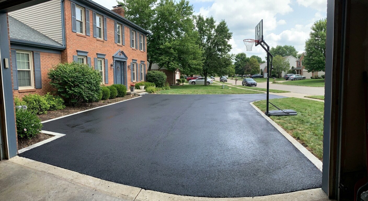 Smooth new asphalt driveway lined with mature trees in Westerville