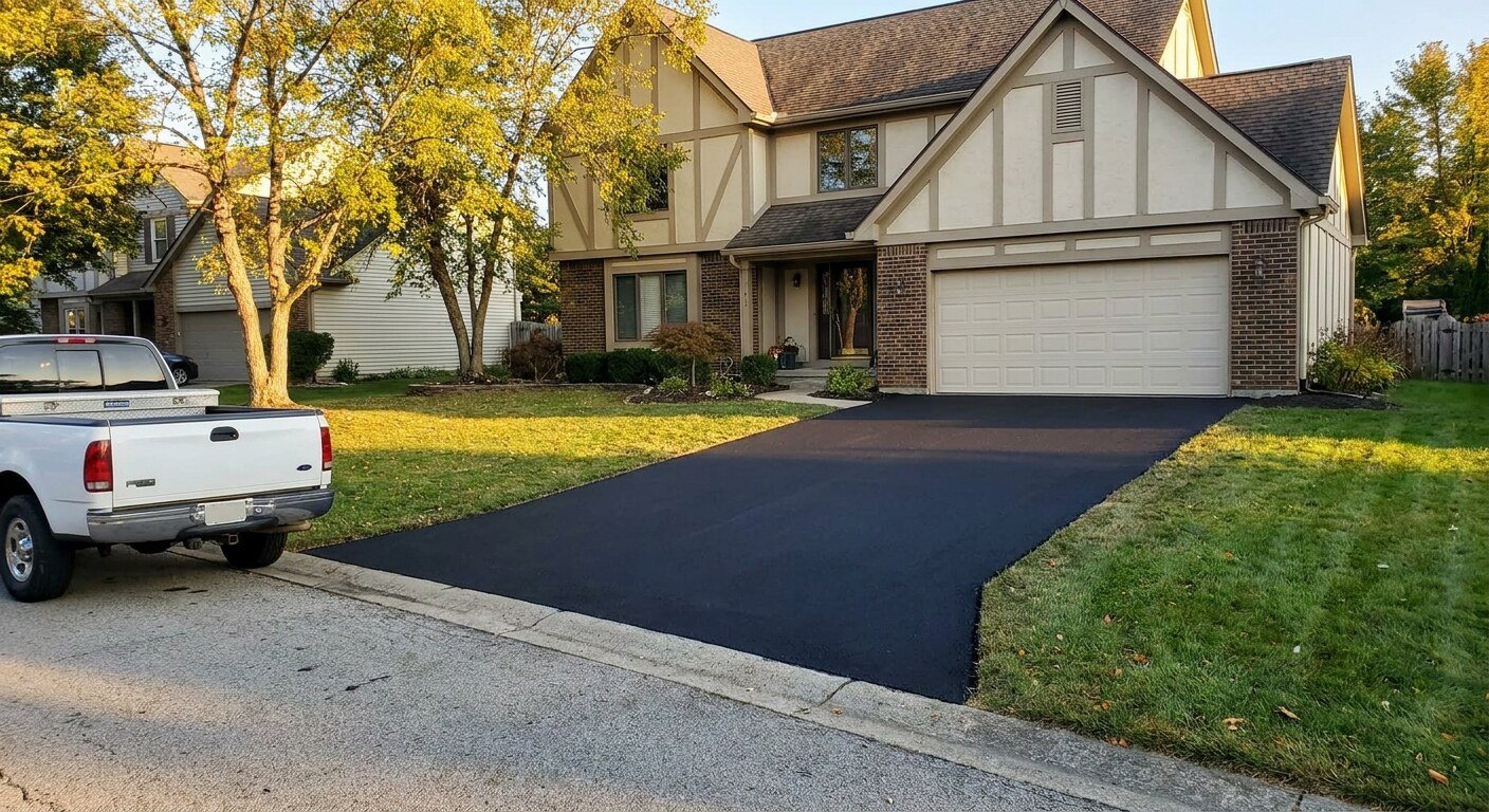 Completed residential asphalt driveway in front of a colonial home in Clintonville