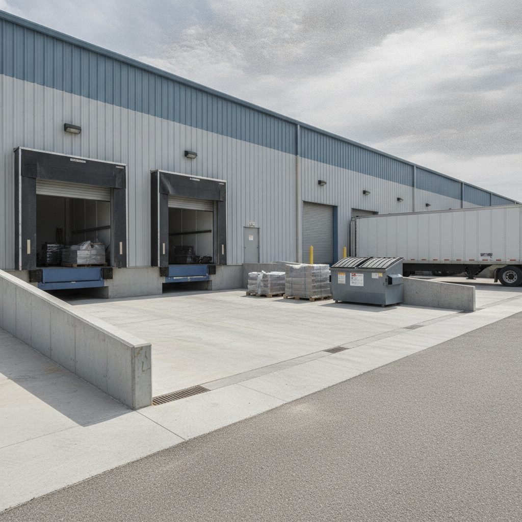 Commercial concrete loading dock and dumpster pad at a warehouse