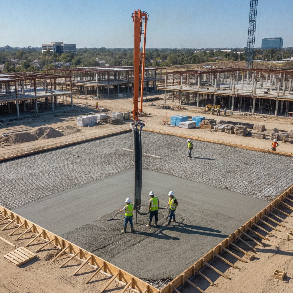 Workers pouring a large commercial concrete slab with a concrete pump truck on a construction site