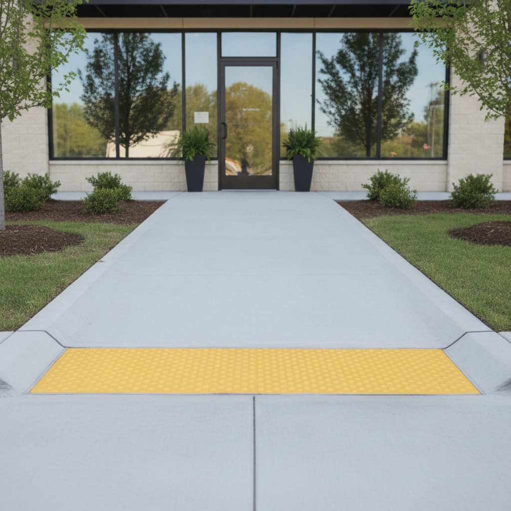 ADA-compliant commercial concrete sidewalk with truncated dome detectable warning panels and ramp at a storefront entran