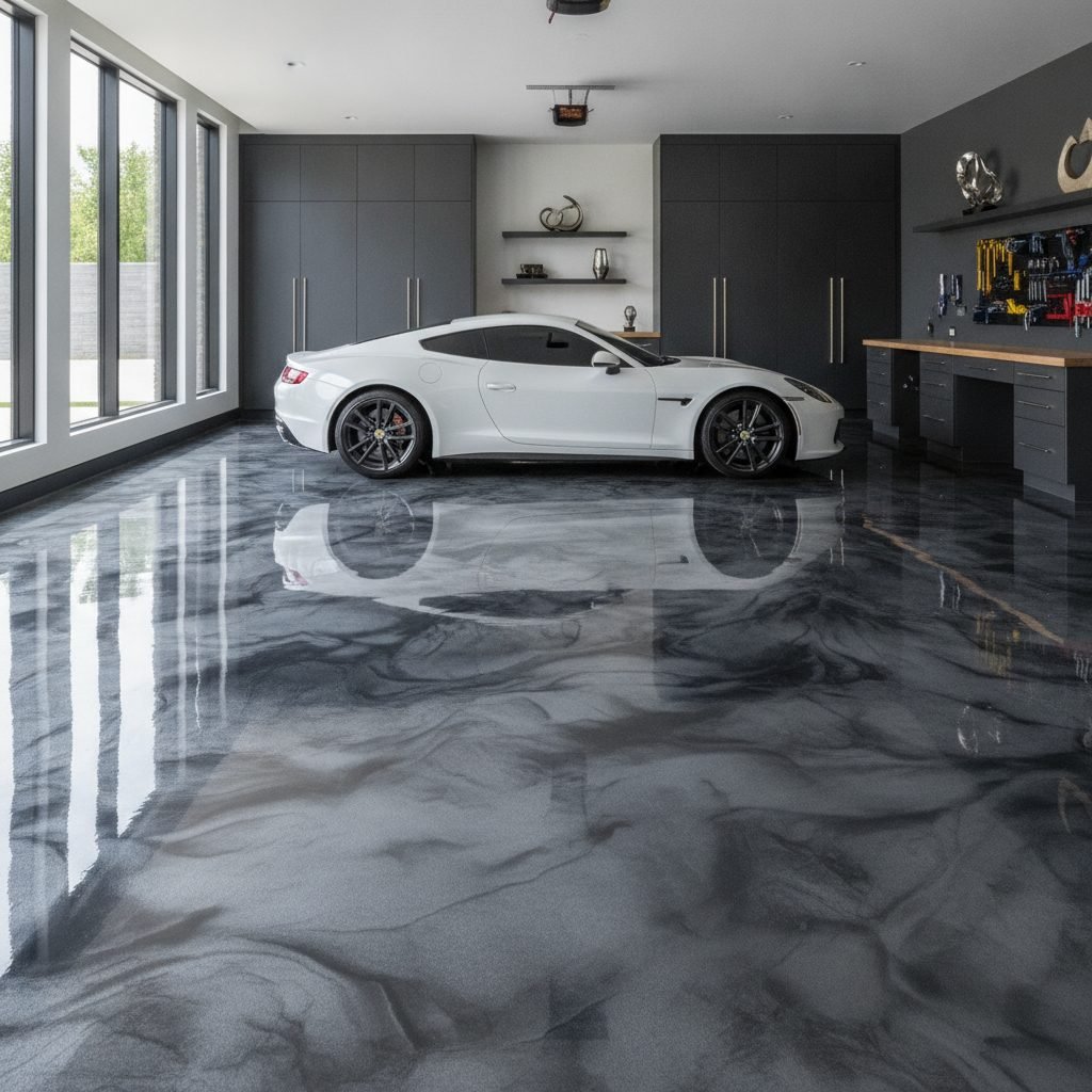 Metallic epoxy floor coating with a swirled silver and charcoal marble-like finish in a modern garage or showroom