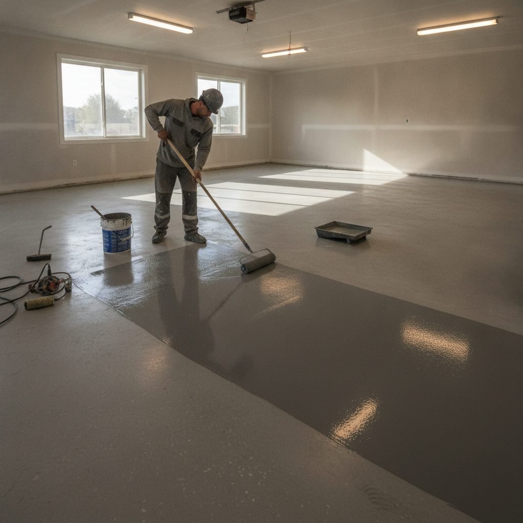 Worker applying epoxy floor coating with a roller on a prepared concrete garage floor
