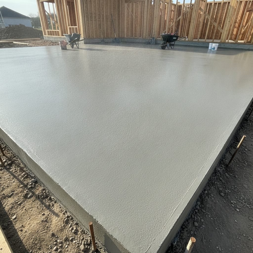 Freshly poured smooth concrete garage slab foundation