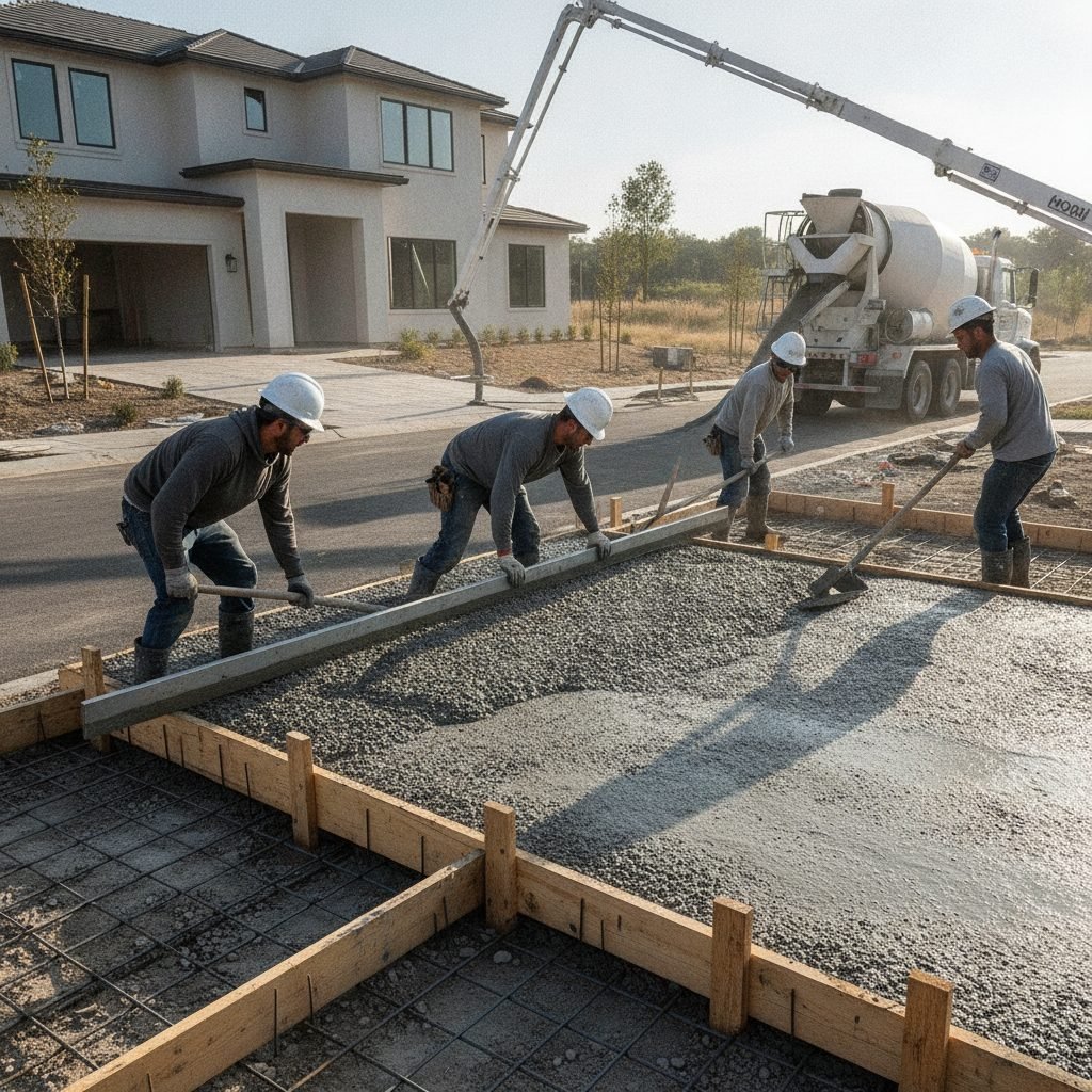 Concrete crew pouring and screeding wet concrete into wooden driveway forms with rebar reinforcement