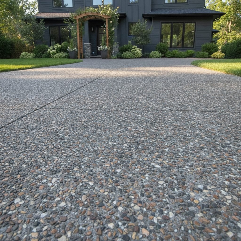 Exposed aggregate concrete driveway with visible decorative stone texture in front of a home