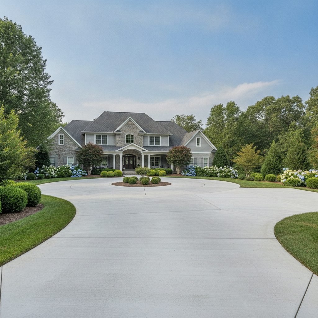 Wide curved concrete driveway with a turnaround and extra parking pad at a large suburban property