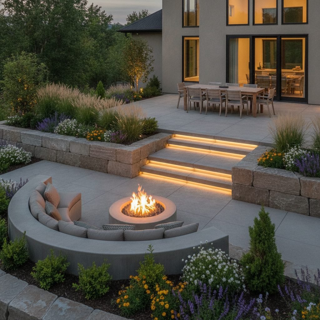 Multi-level concrete patio with steps and a built-in fire pit area in a landscaped backyard