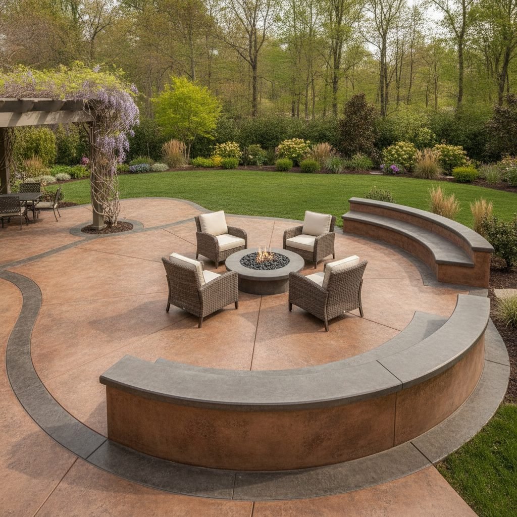 Curved decorative concrete patio with a colored finish and seat wall