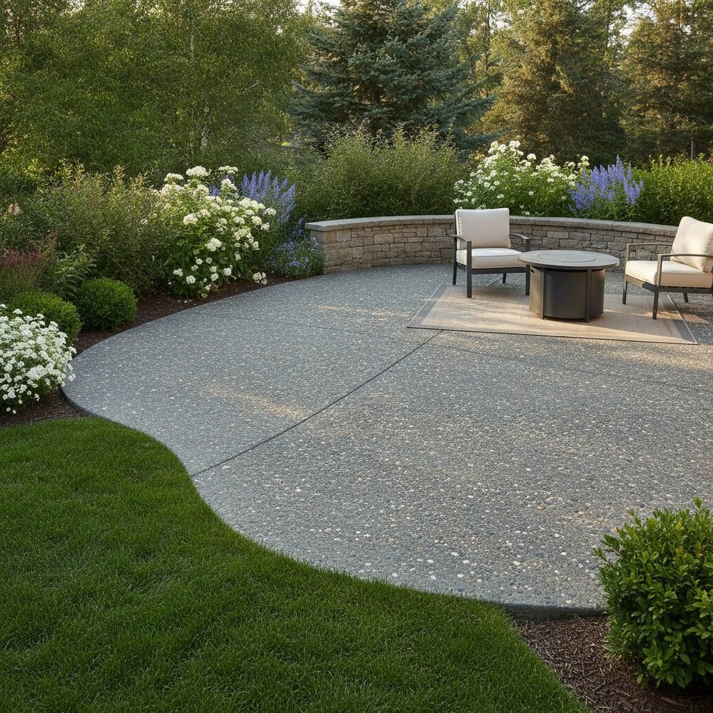 Exposed aggregate concrete patio with textured stone surface surrounded by green landscaping