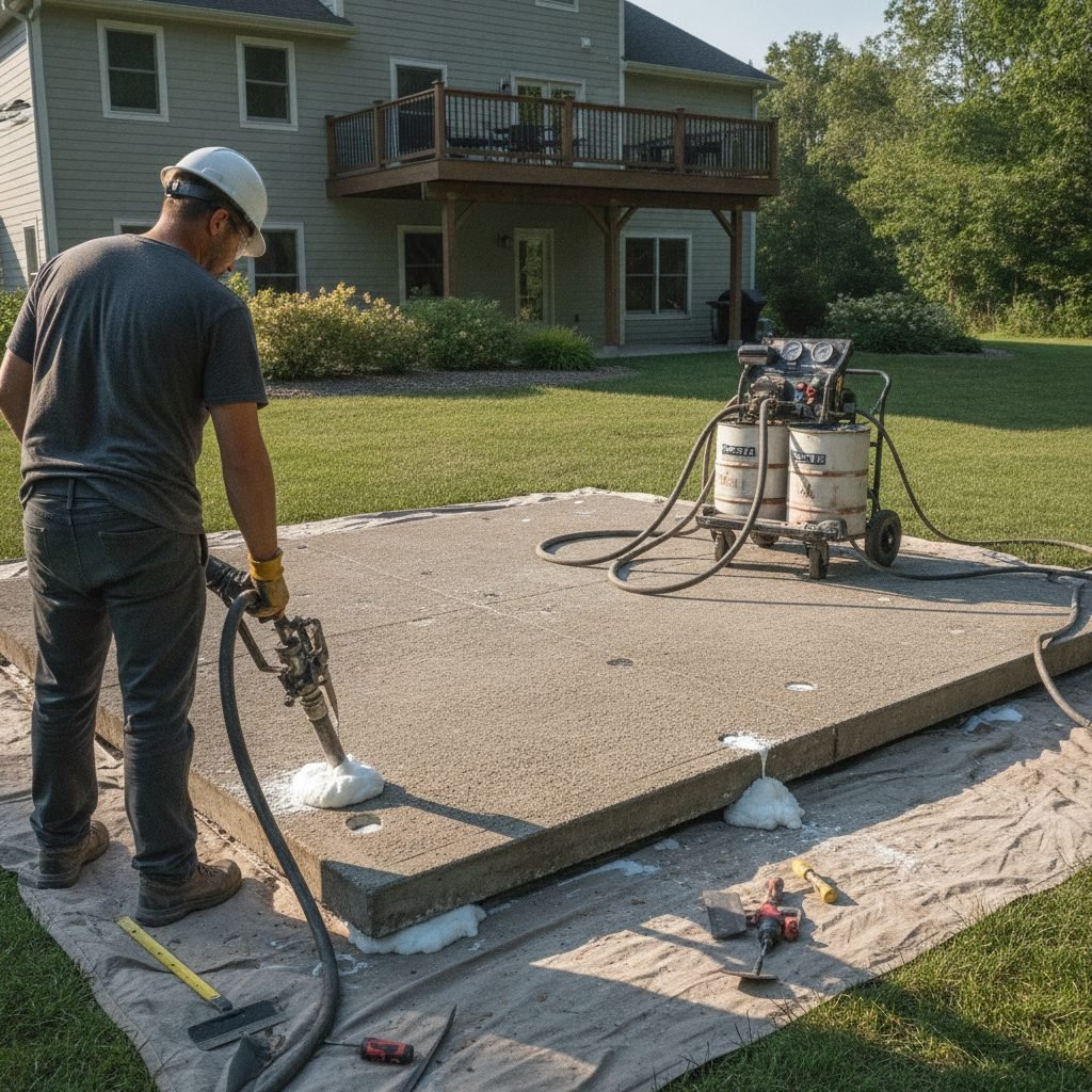 Concrete leveling process lifting a sunken slab with polyurethane foam injection equipment