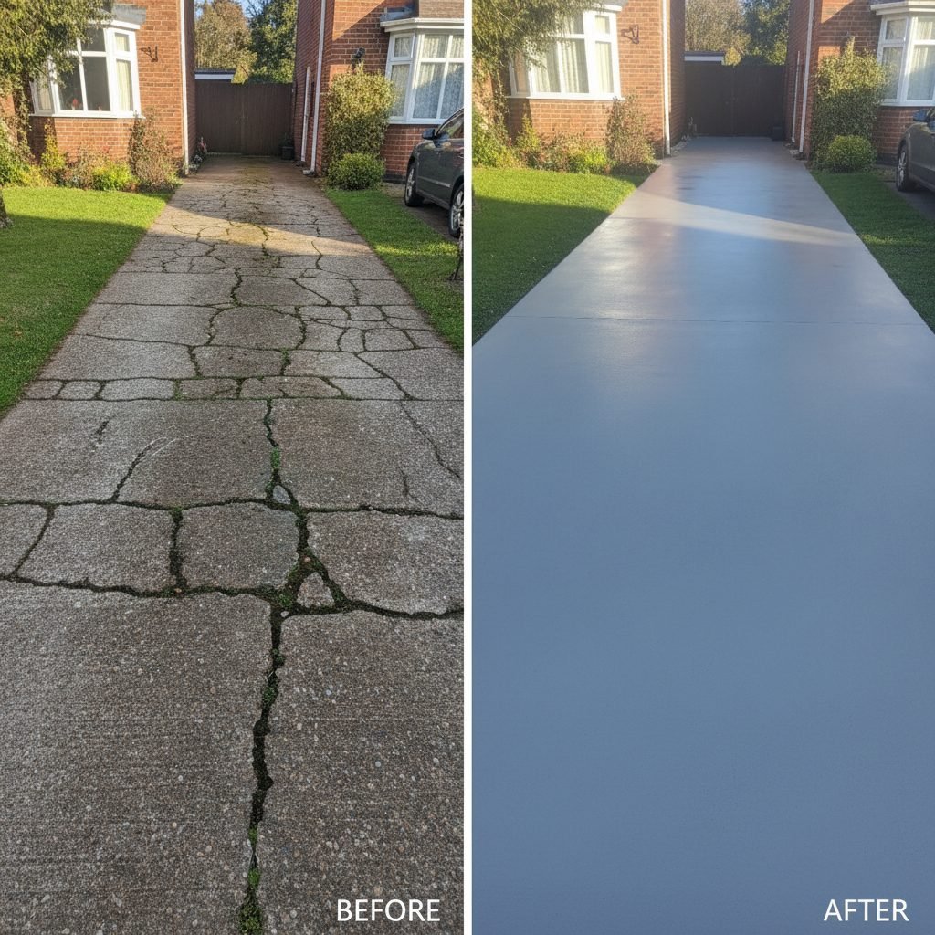 Freshly resurfaced smooth concrete driveway that was previously cracked