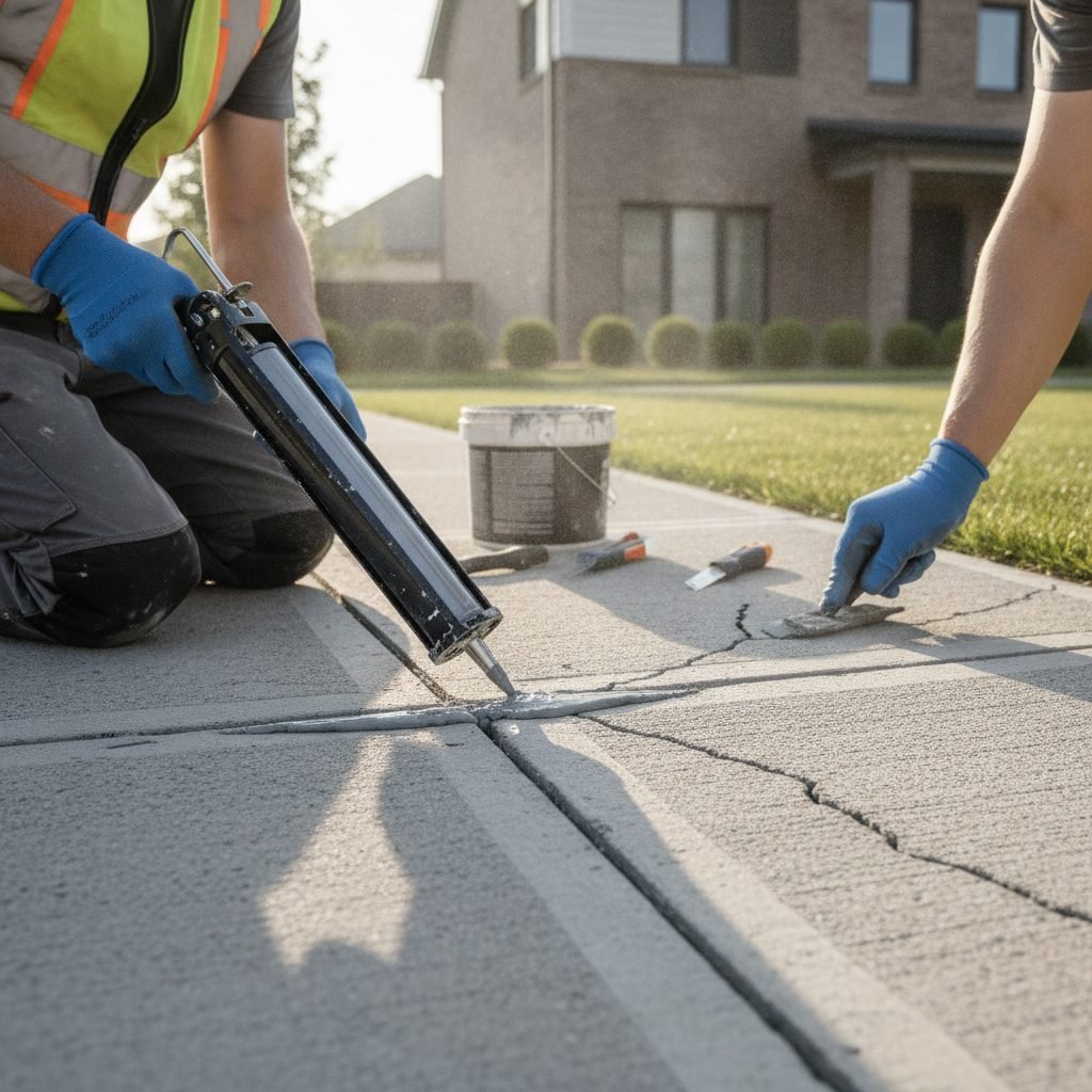 Worker sealing a control joint and filling cracks in a concrete sidewalk with professional tools