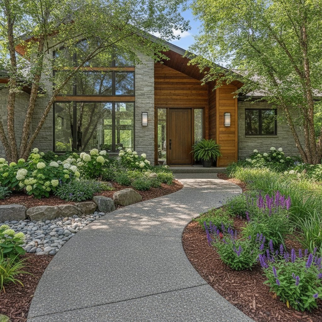 Curved concrete walkway leading to a front door entrance through landscaped garden beds