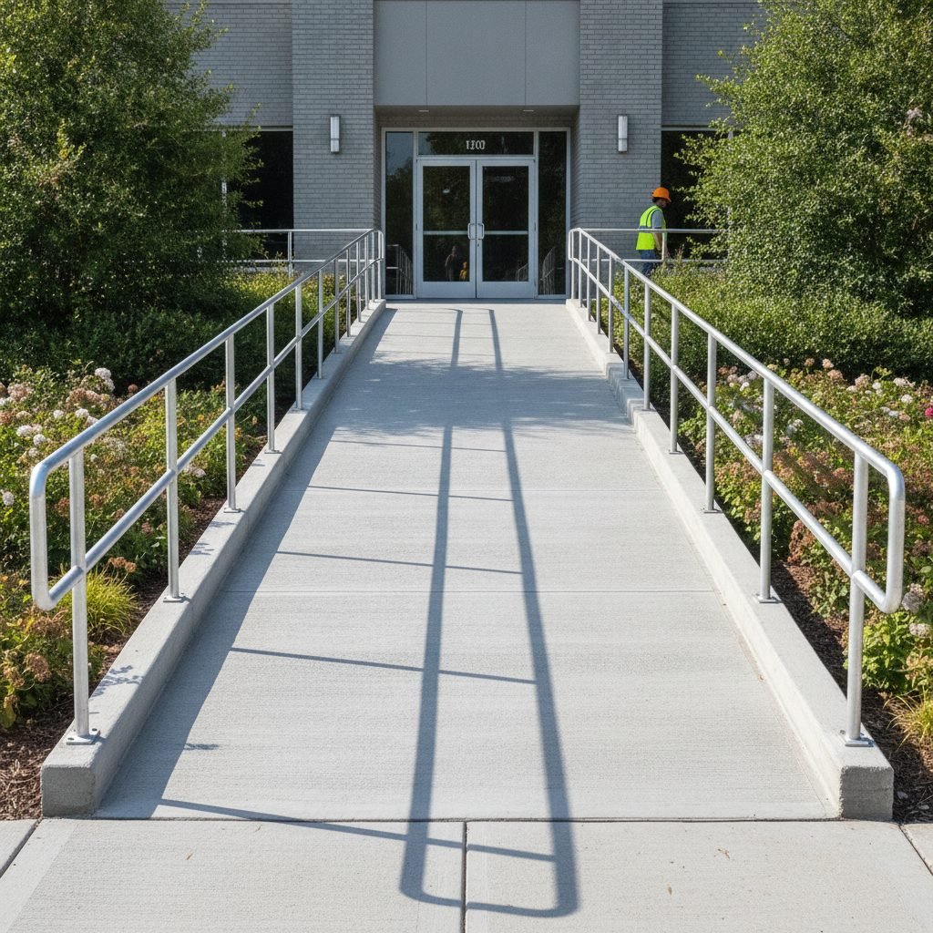 ADA-compliant concrete ramp and walkway at a commercial building entrance with handrails