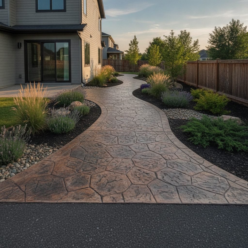 Decorative stamped concrete walkway with a stone pattern connecting a driveway to a backyard
